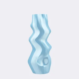 Front view of the 3DChicPot Wavy Cylinder Vase in the serene Milky Blue Silk variant. Featuring a classic cylinder shape and narrow mouth designed to elegantly display flowers, this vase is crafted from smooth silk PLA with a warm, soft luster. Its soothing color and gentle wave texture make it a versatile and calming addition to any room.