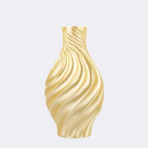 The 3DChicPot Spiral Neck Vase (Silk) in gold blends artistry and function. Its wide base ensures stability, while the narrow neck highlights blooms. Crafted from silk PLA, it features a smooth, silky surface with a warm, soft luster.
